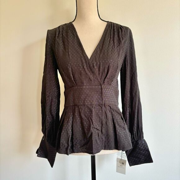 Something Navy Peplum Jacquard Polka Dot Drape Front VNeck Black Blouse Sz S NWT - Picture 3 of 7